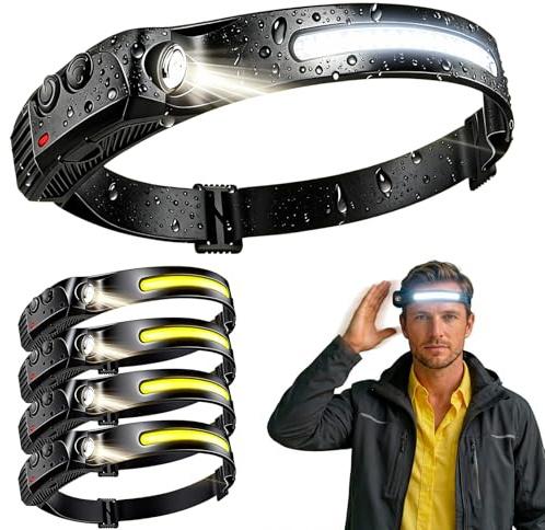 AHYDFSR 4Pcs Stirnlampe Led Wiederaufladbar, Stirnlampe mit Sensor, Kopflampe Superheller 5 Lichtmodi, 230°Weitwinkel, Leichtgewicht, IPX4 Wasserdicht Headlamp für Camping, Wandern, Angeln, Joggen
