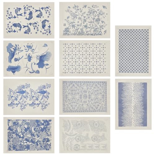 WEBEEDY 10 Styles Underglaze Transfers Decals Blue and White Ceramics Clay Transfer Paper Waterslide Decal Underglaze Transfers for Pottery Art Ename DIY Craft Wedding Holiday Tableware Decor, 48x33cm