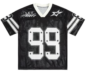GORGLITTER Men's Y2k Jersey Tops Number Striped V Neck Short Sleeve T Shirt | Retro Vintage Style, Loose Streetwear Tees, Hollow Out Breathable Mesh Fabric, Mens Top for Sport