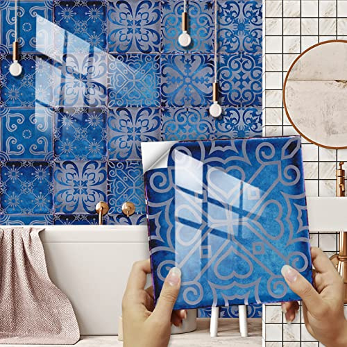 QBYRSSS Exquisite Tile Stickers Navy Blue Morocco Peel and Stick Wallpaper Waterproof Vinyl Self Adhesive Wall Tiles Oil-Proof Tiles Kitchen Tile Stickers Bathroom Stick on Tiles 10 Pcs/15x15cm