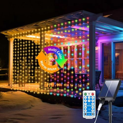 RJEDL 3 IN 1 Lichtervorhang 3x3M, 300 LED Lichterkettenvorhang Solar, 8 Modi, Lichterkette Außen USB-Strom, IP65 Wasserdicht mit Fernbedienung Timer und Speicherfunktionen, Warmweiß + Multicolor