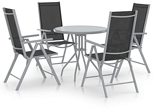 QUAHEAS Salon de jardin 5 pièces en aluminium et textilène argenté, chaises réglables, table en verre, pliable, pour terrasse, balcon et extérieur