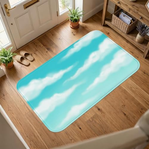 Wolken-Teppich, modern, minimalistisch, Skyline, Blau, Sommer, Aqua, niedriger Flor, Schwamm, weich, schmutzabweisend, für Badezimmer, Eingangsbereich, Nachttisch, Waschküche, Dekoration, 90 x 150 cm