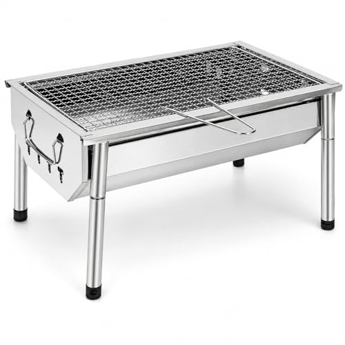 Barbecue A Carbone Portatile In Acciaio Inox Con Griglia Smontabile Gambe Regolabili Design Salvaspazio Per Campeggio Picnic Giardino Outdoor 40 X 28 X 21.5 Cm Acciaio