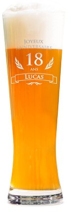 AMAVEL Verre à Bière Blanche avec Gravure Personnalisée, Joyeux Anniversaire 18 Ans, Prénom, env. 0,5 L
