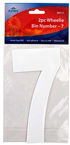 Ashley Homewares 2XWhite Self Adhesive Wheelie Bin Numbers 17cm 2/Pk - 7 (WS517) Wheelie Bin/Dust bin/Dustbin Number Stickers by PinkWebShop