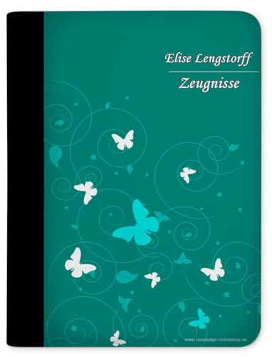 CreaDesign Customize A4 Zeugnismappe für Kinder 26,7x32,7x1 cm, Sichtbuch mit 10 Klarsichthüllen, erweiterbar auf bis zu 20 Taschen, Schmetterling Petrol design, Dokumentenmappe für Schüler