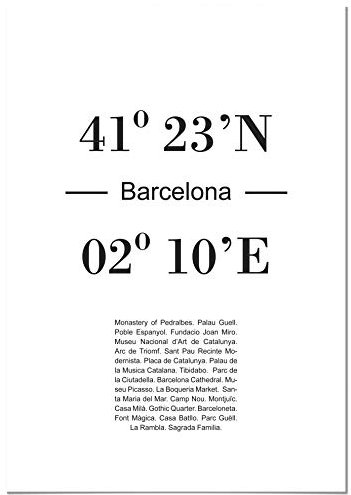 Panorama Aluminium Dibond Bild Koordinaten von Barcelona 50 x 70 cm - Gedruckt auf qualitativ hochwertigem Aluminium Dibond Weiß - Wandbild Wohnzimmer - Bilder Schlafzimmer Vintage - Deko Hause