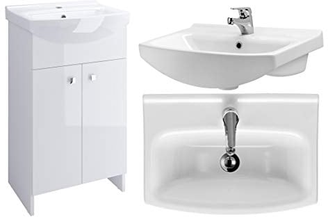 VBChome Badmöbel Weiß 50 cm Waschbecken mit Unterschrank Waschtisch Waschbeckenunterschrank Unterschrank Badezimmerschrank 2 Türen Glanz Waschplatz Stand Standmöbel