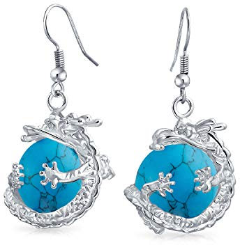 Boucles D'Oreilles Pendantes En Forme De Sphère Enveloppée Avec Pierre Précieuse Ronde Bleu Marine Foncé Turquoise Et Dragon Asiatique Chinois Pour Femmes Adolescentes