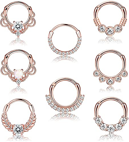 Milacolato 8PCS 16G Septum Nasenpiercing Clicker Ring Edelstahl CZ Opal Knorpel Helix Tragus Hoop Daith Ohrringe Nasenringe Hoop Scharniersegment Clicker Nase Ring Piercing Schmuck 10MM Roségold