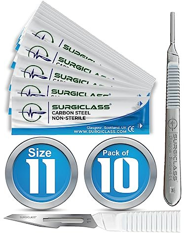 Scalpel Blades # 11 Carbon Steel Non Sterile Scalpel Surgical Blades Pack of 10 and Steel Handle for Wood Art, Surgical, Sculpting, Repairs, Lab Anatomy, Sign, Card Making Lab Training SURGIBL11-10