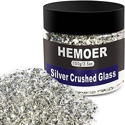 HEMOER Silber Zerkleinertem Glas Glitzer für Epoxidharz, 100g 2-4mm Unregelmäßigen klobig Glitzer, für Epoxidharz Füllstoff, Basteln, Vasenfüllung, Dekoration Herstellung