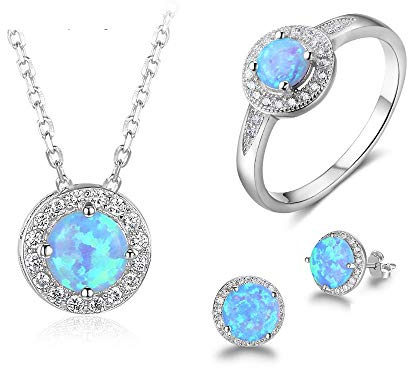 925 Sterling Silber Schmuck Sets Cubic Zirkonia Blau Opal Anhänger Halskette Ohrringe Ring Sets Hochzeit Schmuck