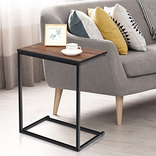 GIANTEX Beistelltisch C-Form, Laptoptisch aus Eisen & Metall, Kaffeetisch | Sofatisch im Industrie-Design, Notebooktisch Pflegetisch Ablagetisch für Wohnzimmer, Schlafzimmer, Büro, Dunkle Holzfarbe