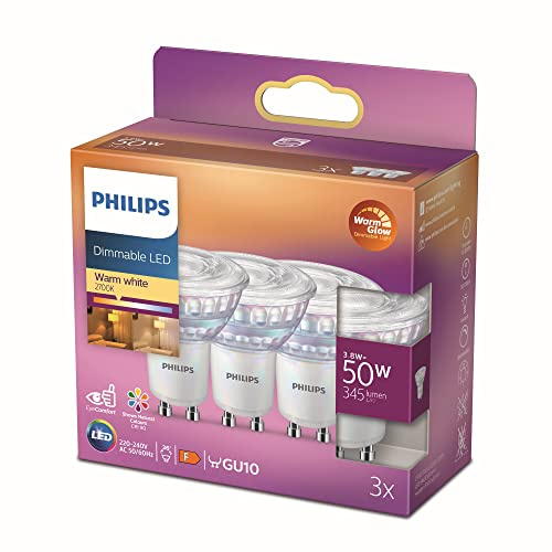 Philips LED WarmGlow Spot dimmbar 3er-Pack GU10 36D 3,8W 345lm 2700K 230V, Energieeffizient, Einstellbares Licht, ideal für Wohnzimmer und Küche