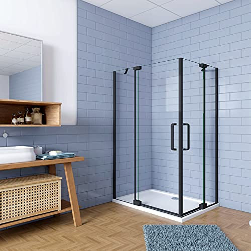 195cm Box Doccia Angolare Doppia Porta Battente 90x90cm in Vetro Temperato 8 mm Anticalcare con 2 Barre Stabilizzatrici Telaio Nero Opaco