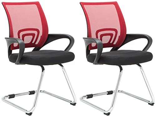 CLP 2er Set Freischwinger Eureka I Polsterstuhl mit Stoffbezug I Rückenlehne mit Netzbezug I Esszimmerstuhl mit Metallgestell Farbe rot