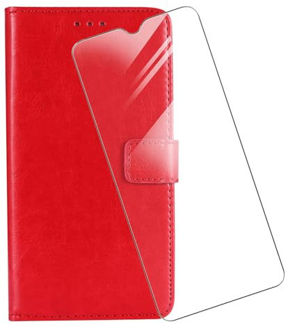 KJYF For Doro 8100 Plus Wallet Case + Tempered Glass Screen Protector, Flip Folio Leather Cell Phone Cover with Credit Card Holder Compatible With Doro 8100 Plus (6.1) - Red