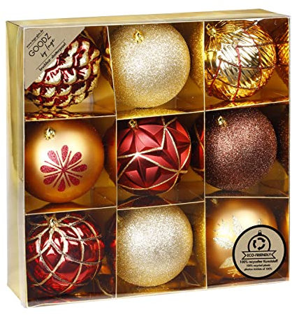 Weihnachtskugeln Kunststoff 10cm x 9 Stück Muster Ornamente Mix Christbaumkugeln (Rot/Gold/Braun)