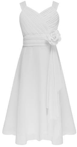 Aislor Bebe Fille Robe Demoiselle d'honneur Mariée Enfant Robe de Cérémonie Communion Asymétrique Robes A Fleur Bretelles Blanc 13-14 Ans