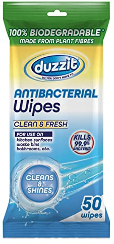 Duzzit Antibacterial 100 Percent Biodegradable Wipes, Pack 50 Wipes