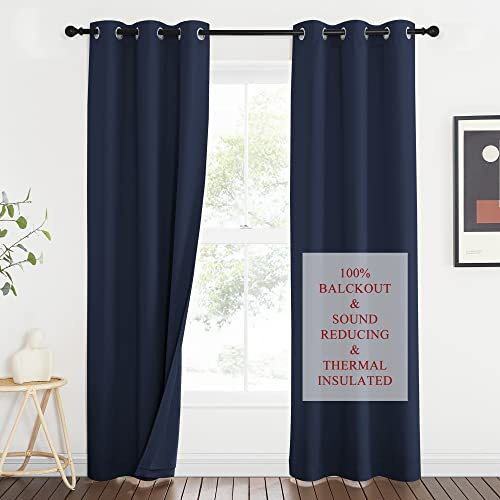 NICETOWN Sound Blocking Black Out Curtains for Patio Door, Heavy-Duty Space Divider Curtains for Living Room, Lined Insert Noise, Blackout, Thermal Insulation Drapes for Closet (Navy, 84-inch Long)