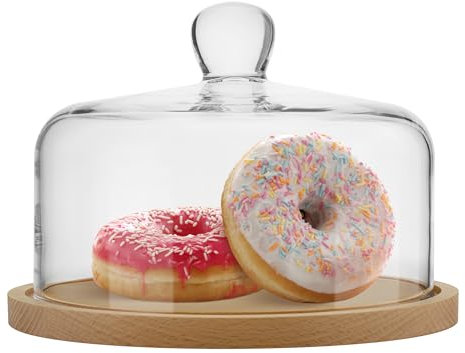 TREND FOR HOME Kuchenplatte Rund Ø 22 cm H: 16.2 cm Handgemacht Käseglocke Glas Mundgeblasen Glasglocke mit Holzboden Tortenplatte mit Deckel Tortenständer Holz mit Haube Mundgeblasene | Euphoria