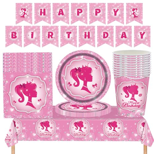 Babioms Partygeschirr Geburtstag Prinzessin 54pcs Barbi Geburtstag Deko Set Barbiprinzessin Kindergeburtstag Partyteller Barbi Tischdecke Banner Barbi Partyzubehör für 16 Personen
