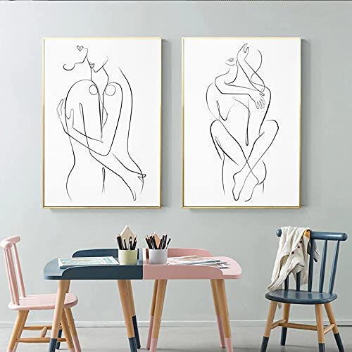 KEBIA Abstraktes Paar One Line Art Gemälde Mann und Frau Liebe Leinwand Poster und Drucke Wandbilder für Wohnzimmer Dekor 50 x 70 cm x 2 rahmenlos