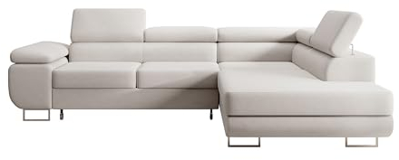Selsey STEVIL - Ecksofa L-Sofa mit Schlaffunktion, Bettkasten, Ottomane rechts, Veloursbezug Creme