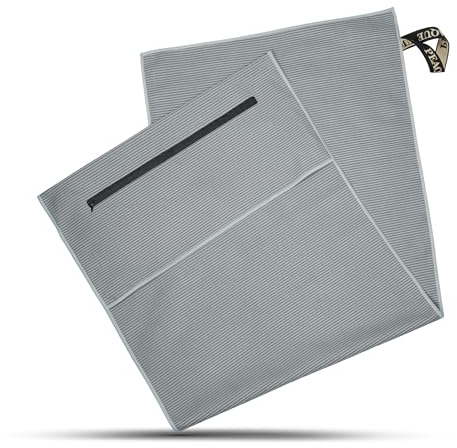 PEAQUE Fitness-Handtuch mit Reißverschluss-Tasche und Umschlag - aus Mikrofaser mit Struktur - rutschfest & kompakt - Sport-Handtuch für Fitnessstudio (Grau, 120x50 cm)