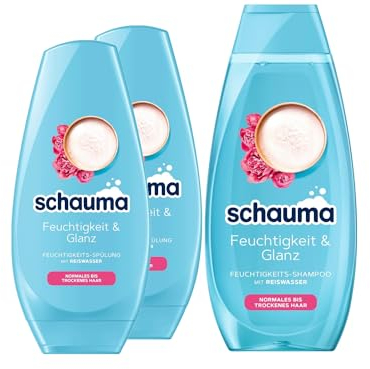 Schauma Feuchtigkeits-Shampoo Feuchtigkeit & Glanz (1x 400 ml) reinigt die Kopfhaut sanft für glänzendes & gesund aussehendes Haar & Spülung (2x 250 ml) Haarspülung mit Reiswasser