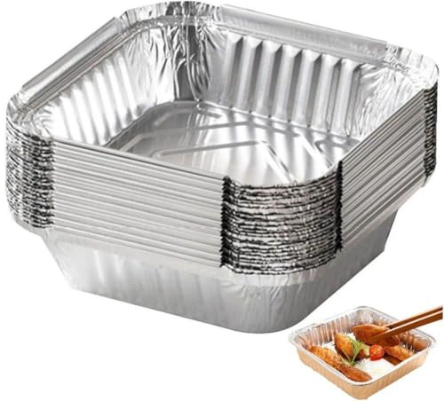 Hrippy Bandeja De Aluminio Bandeja De Aluminio 50 Piezas Freederos Antiadherentes Freidora Cuadrada Bandeja para Hornear Recipiente De Alimentos Resistente Calor para Cocinar Horneado