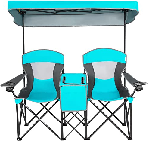 COSTWAY 2-Sitzer Campingstuhl mit Sonnenschutz, Mini-Tisch, Kühltasche & Getränkehalter, klappbarer Angelstuhl mit Tragetasche, Faltstuhl, Klappstuhl für Camping, Angeln, Picknick (Navy)