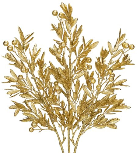 Oairse 3 Pcs Christmas Tree Picks and Sprays 50CM Gold Glitter Christmas Picks Faux Frosted Mistletoe Spray with Berries for Christmas Tree Filler Branches Wreath Centerpieces