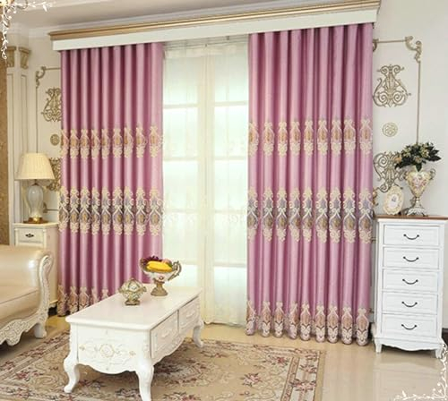 Gualiy Gardine Blickdicht 2 Stück, Verdunkelungsvorhang Thermo mit Ösen 107x244CM Floral Gestickt Gardinen Violett Rosa Vorhänge für Schlafzimmer