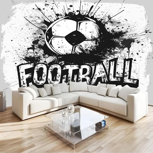 Art Fototapete Schwarz-Weiß-Graffiti-Fußball 300 x 210 cm Kinderzimmer Vlies Tapete Moderne UV-Beständig Montagefertig Wohnzimmer Esszimmer Wandtapete