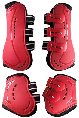 Merauno® Gamaschen & Streichkappen, 4er Set Gamaschen Pferdesehne Bandage mit Robust Elastisch, PU Shell, Neopren atmungsaktiven Löchern für Springen, Reiten, Events (M, Rot)