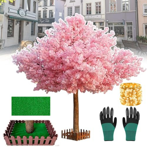 Künstliche Kirschbäume, handgefertigte Seidenblumen-Dekoration, mit zwei Paar Gartenhandschuhen, Massivholzstamm und Seidenblättern, für Zuhause, Wohnzimmer, Einkaufszentrum und Ausstellungshalle, 2 x