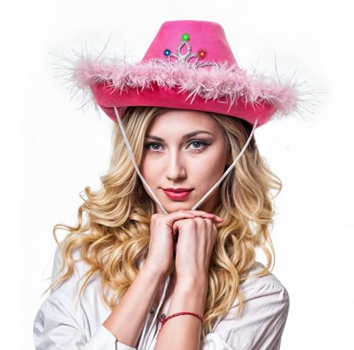 WickedFun Pink Light Up Cowboy Hat for Men and Women – Unisex Adult Texan Cowgirl Hat Fancy Dress Party Accessory