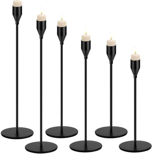 Umllpet Kerzenständer Schwarz 6 Set, Kerzenhalter Hochzeit Kerze Stand Hoch Kerzenleuchter, Kerzenhalter Metall für Weihnachten,Heimdekoration,Tisch,Kaminsims,Hochzeit,Kerzenlicht,Abendessen,Jubiläum
