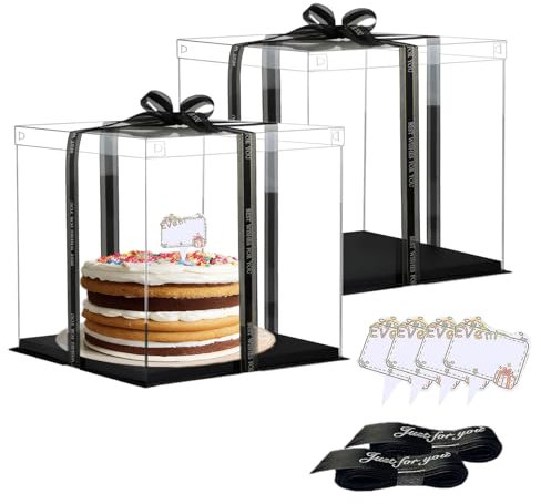 Vebetter 2Pz Tortenbox Transparent, 30 * 30 * 26 Cake Boxes Tortenbox Durchsichtige Geschenkbox Tortenschachtel Transportbox Torte Durchsichtig mit Sockel Band Karte für Geburtstag Dessert, Schwarz