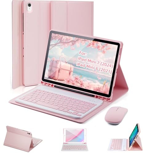 TUNKARMOR Funda con teclado para iPad Mini 7 (A17 Pro 2024) y Mini 6 (2021) de 8.3 pulgadas, con mouse y teclado magnético, funda con soporte para lápices para iPad Mini de 7ª/6ª generación, apagado y