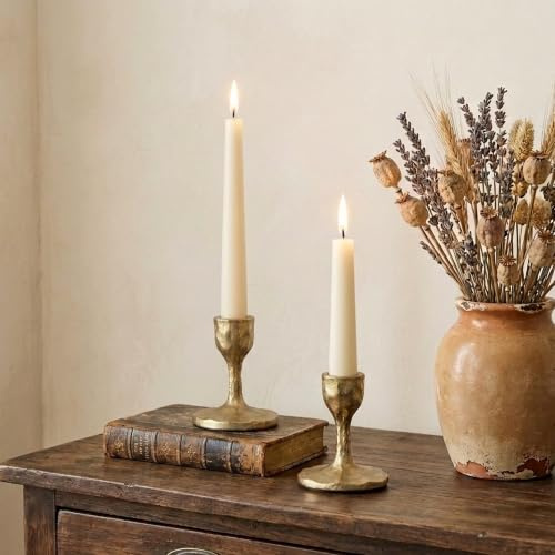 Inweder Cast Iron Candlestick Holders: 2 Pcs Brass Taper Candle Holder | Fits 2cm Taper, Handcrafted Hammered Design, Gold Vintage Finish, with Felt Pads, for Autumn Dinning Table Mantel Party Decor