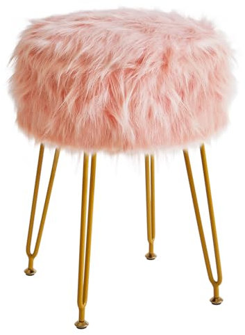IBUYKE Runde Faux Pelz Eitelheit Hocker mit Aufbewahrung, Pelz Make-up Stuhl Ottoman, weich gepolsterter Sitz, Runde Fußlehne Fußhockel mit 4 Metallbeinen, für Wohnzimmer Schlafzimmer, Pink WBD021P