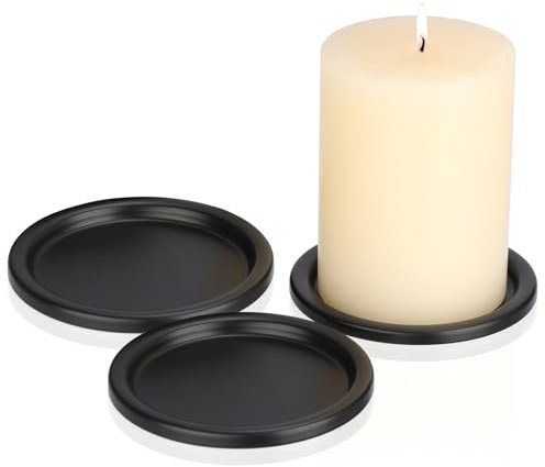 BSTKEY 3 Packs Iron Candle Holder Pillar Candle Plate, Round Pillar Candle Stand Tealight Candle Plate Holder Decorative Cup Coaster Plate for Wedding Candlelight Dinner (Black)