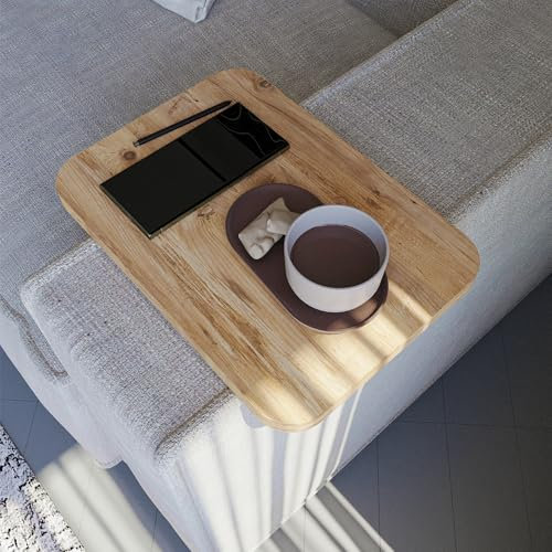 sugodesign Sofatablett Armlehne, Couch-Tablett, Einstellbarer Sofa-Tablett, Getränkehalter, Sitzgarnitur Ablage, Holz-Optik