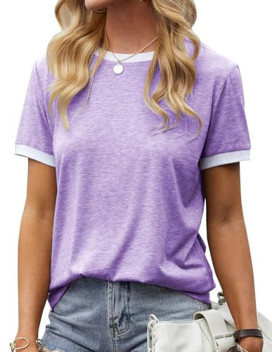 Fisoew Maglietta da donna a maniche corte, colore blocco, scollo rotondo, basic estivo, Lilla, XL