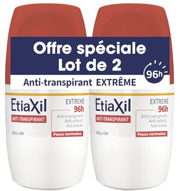 ETIAXIL Deodorant gegen Schwitzen – mäßiges Schwitzen – Achseln – Extreme 96h – für normale Haut – Wirksamkeit 96 Stunden – Roll-On – 50 ml – 2 Stück